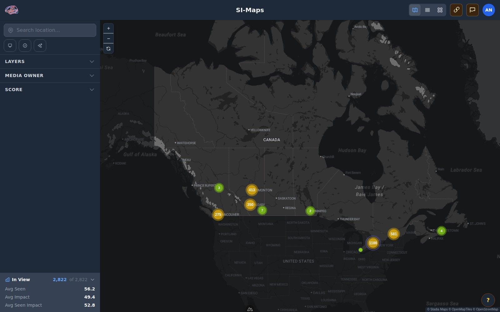 SI Maps in dark mode: scored asset clusters across Canada, from Vancouver to St. John's