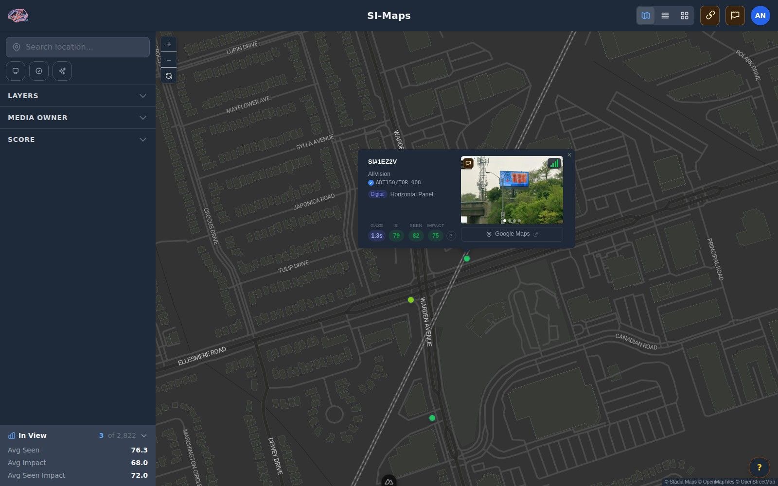 The SI Maps application in dark mode: a scored asset popup showing its photo with Gaze, SI, Seen and Impact values